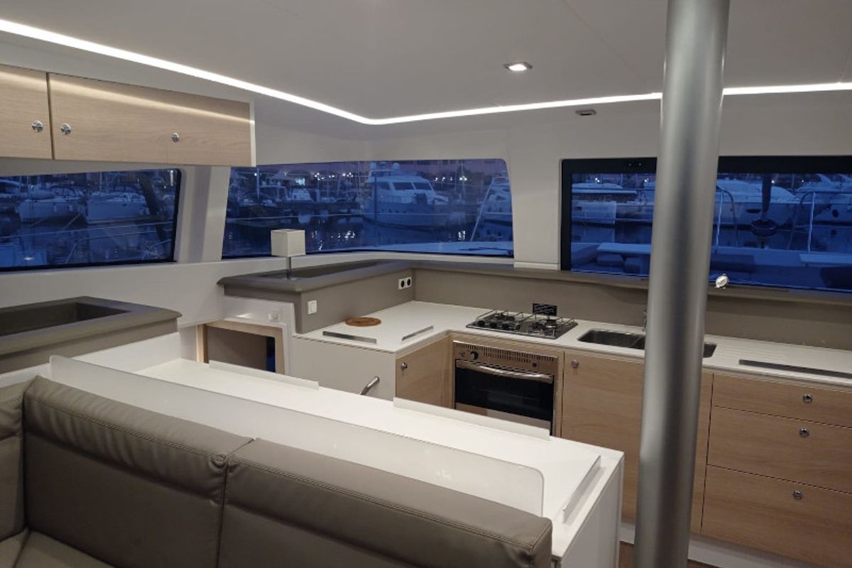 Galley of Mary, a Bali 4.3 catamaran at Cannigione, Italy