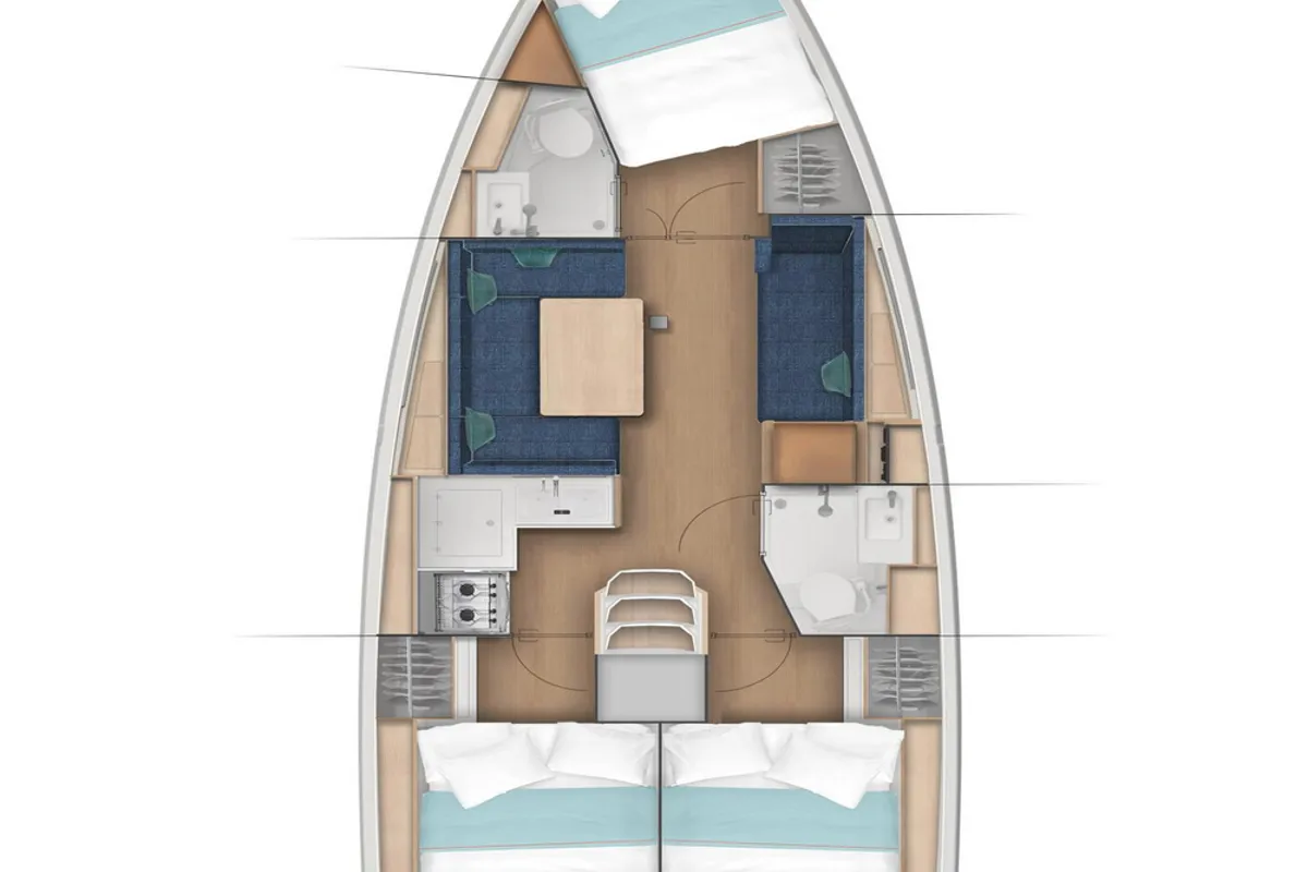 Floor plan of Vida, a Jeanneau Sun Odyssey 380 sailboat at Punat, Croatia