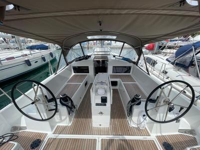 Cockpit of Alboran Amaretto, a Jeanneau Sun Odyssey 440 sailboat at es Jonquet, Spain