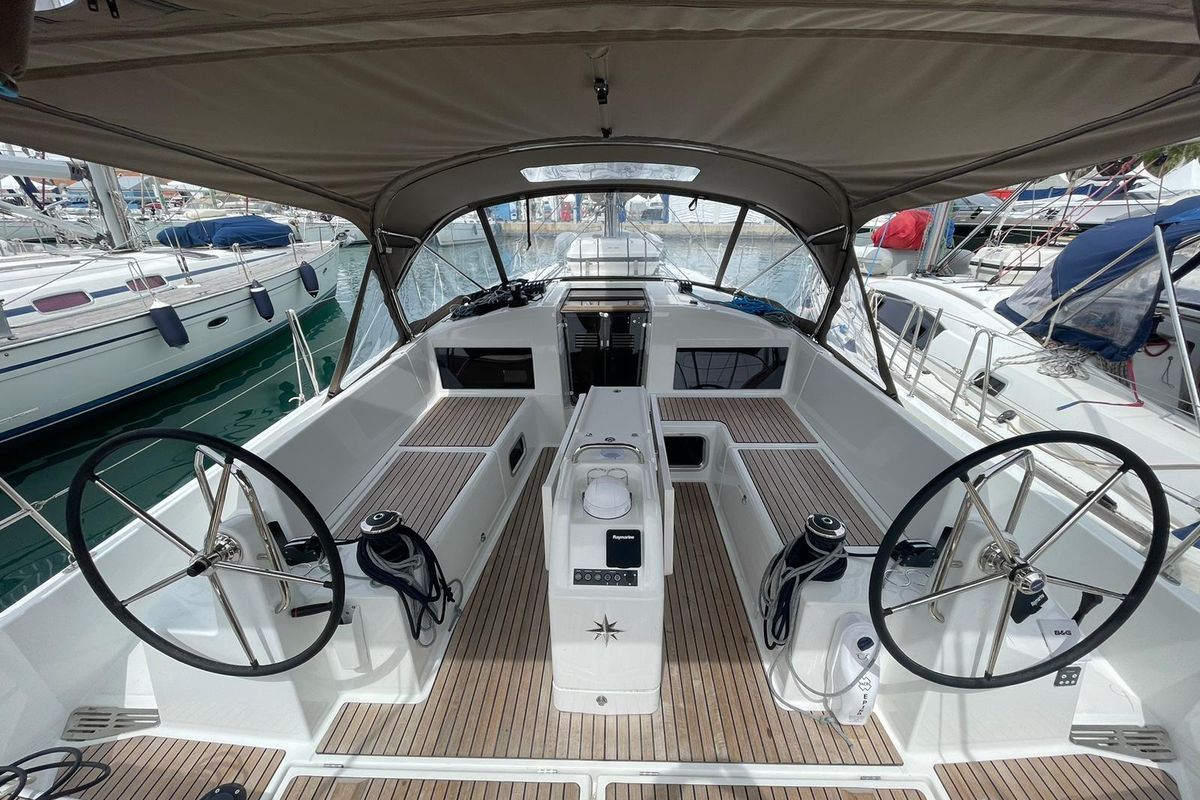 Cockpit of Alboran Amaretto, a Jeanneau Sun Odyssey 440 sailboat at es Jonquet, Spain