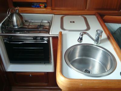 Galley of Theodor Storm, a Bavaria 32 sailboat at Gouvia, Greece