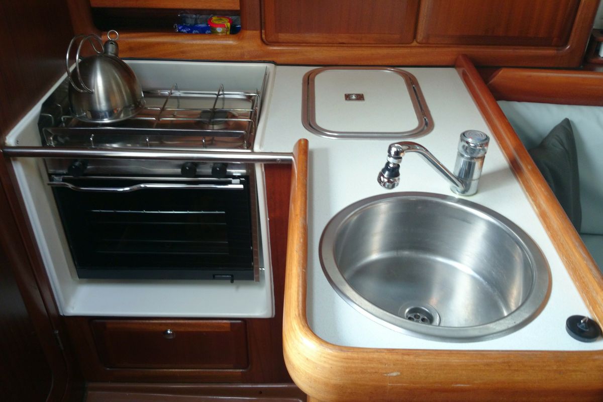 Galley of Theodor Storm, a Bavaria 32 sailboat at Gouvia, Greece