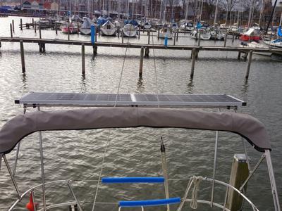 Deck of Theodor Storm, a Bavaria 32 sailboat at Gouvia, Greece