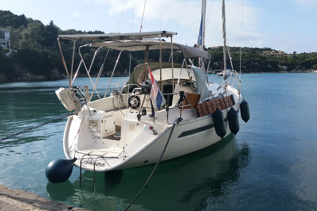 Exterior view of Theodor Storm, a Bavaria 32 sailboat at Gouvia, Greece