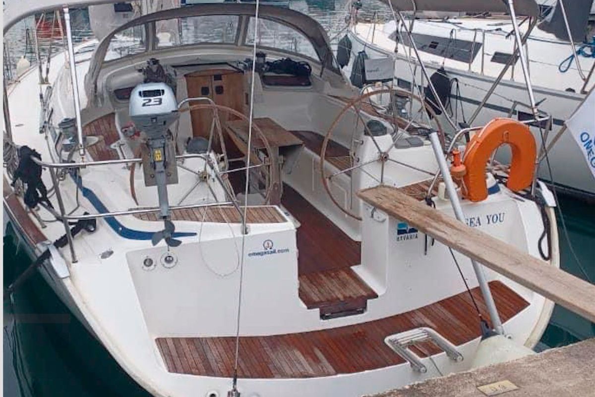 Exterior view of Sea You, a Bavaria 51 Cruiser sailboat at Kontokali, Greece
