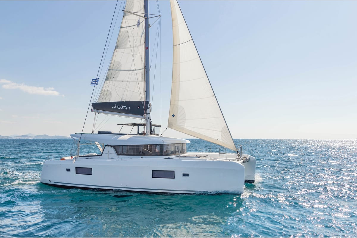 Exterior view of Four Seasons, a Lagoon 42 catamaran at Kontokali, Greece