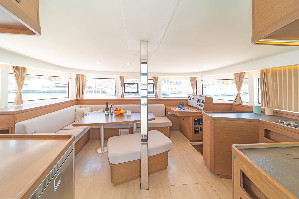 Salon of Four Seasons, a Lagoon 42 catamaran at Kontokali, Greece