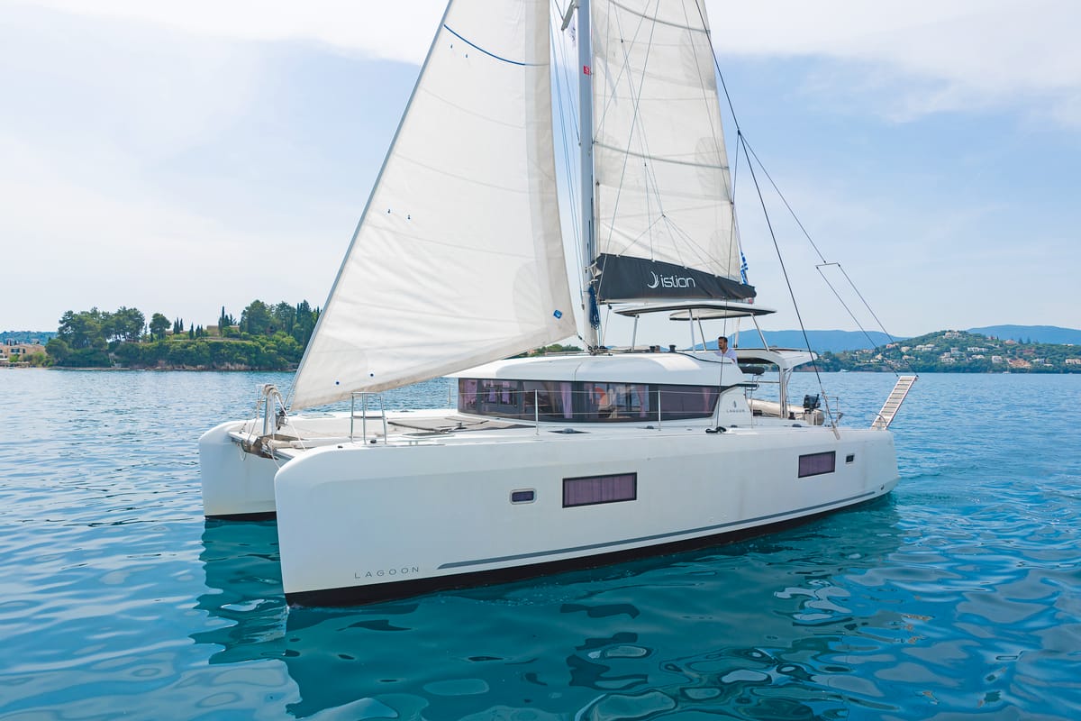 Exterior view of Four Seasons, a Lagoon 42 catamaran at Kontokali, Greece