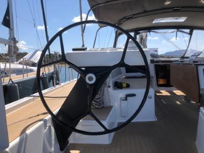 Cockpit of Edvige, a Dufour 530 sailboat at Olbia, Italy