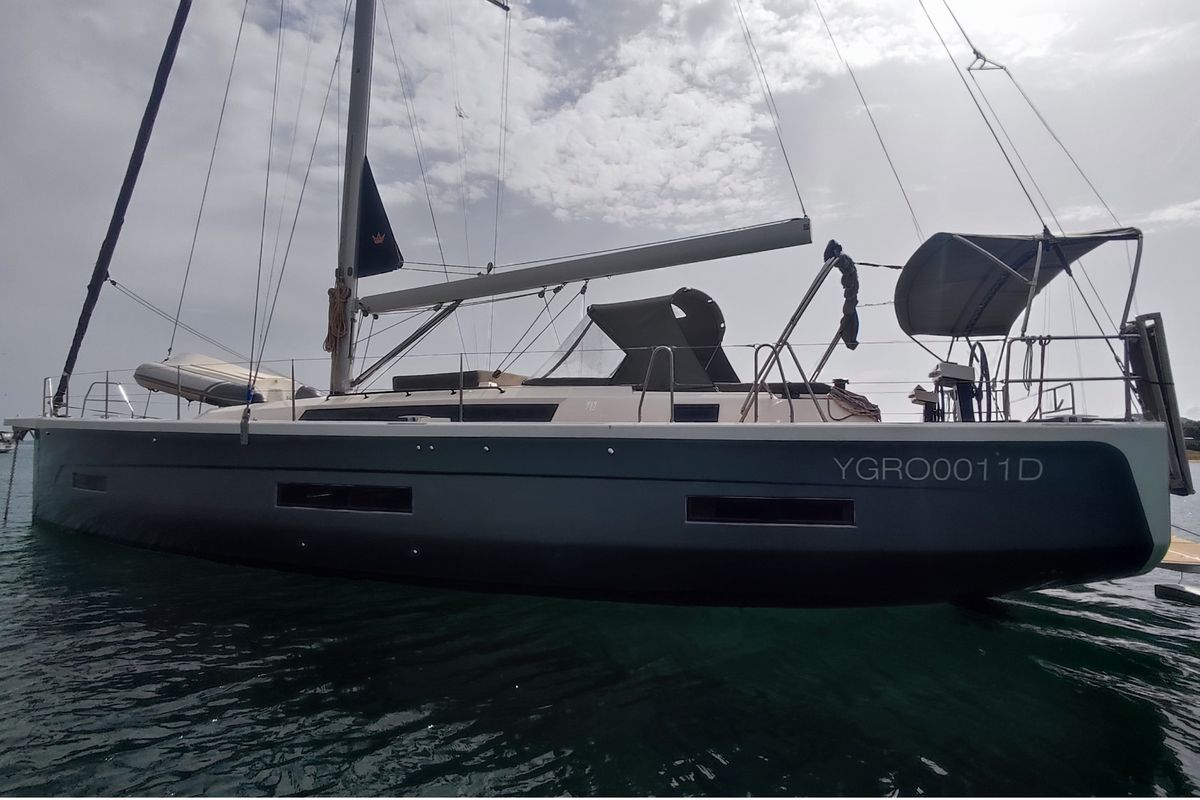 Exterior view of Edvige, a Dufour 530 sailboat at Olbia, Italy