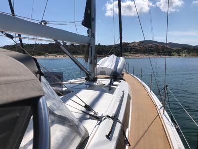 Deck of Edvige, a Dufour 530 sailboat at Olbia, Italy