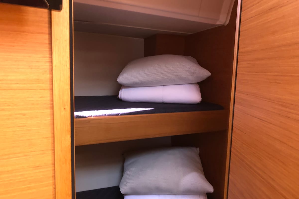 Cabin on Edvige, a Dufour 530 sailboat at Olbia, Italy