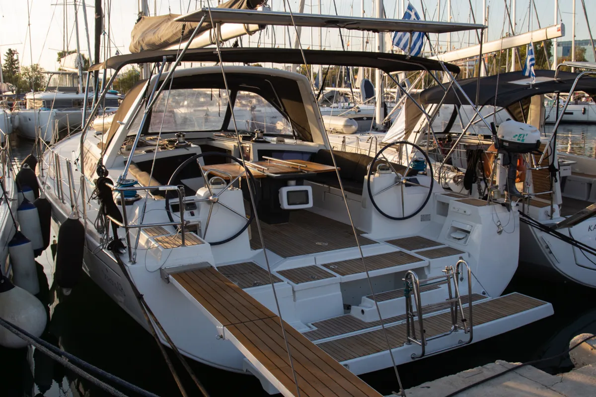 Deck of Aeolis, a Beneteau Oceanis 48 sailboat at Kavala, Greece