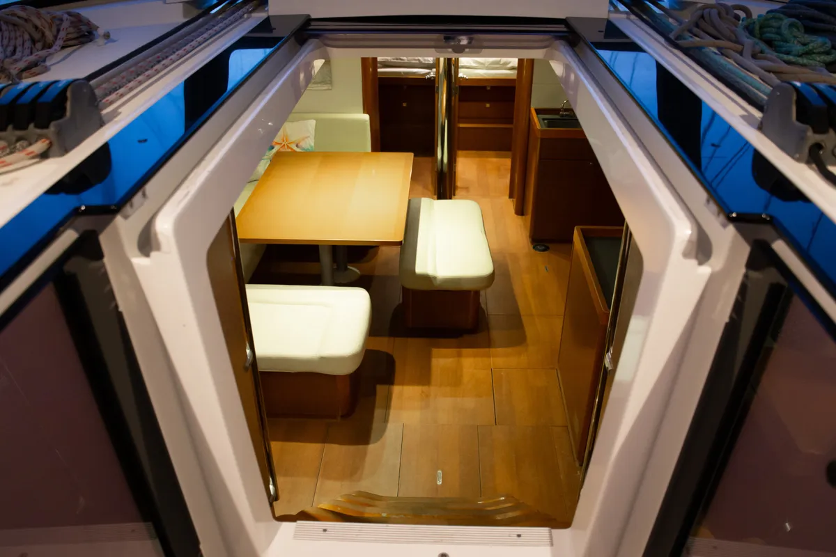 Deck of Aeolis, a Beneteau Oceanis 48 sailboat at Kavala, Greece