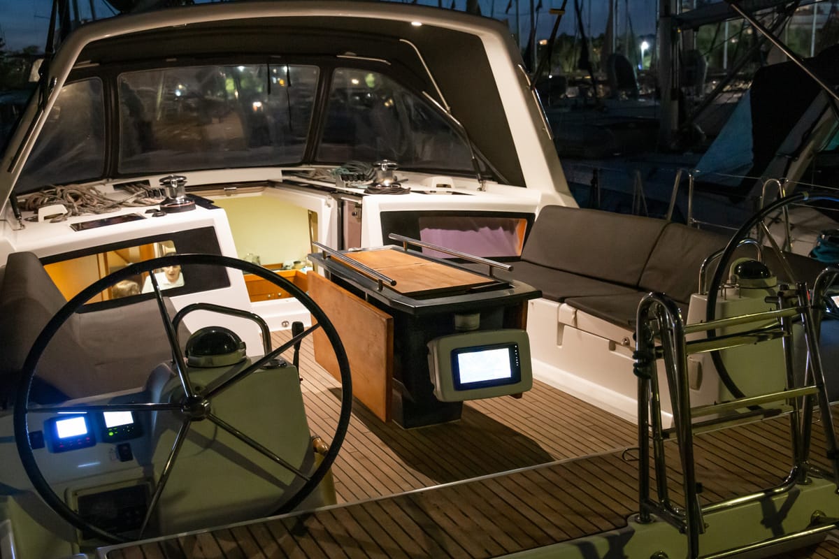 Cockpit of Aeolis, a Beneteau Oceanis 48 sailboat at Kavala, Greece
