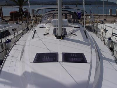 Deck of Danai, a Bavaria Cruiser 46 sailboat at Olbia, Italy