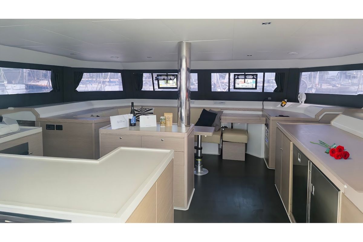 Salon of Duplo II, a Dufour Catamaran 48 catamaran at Tourlos, Greece
