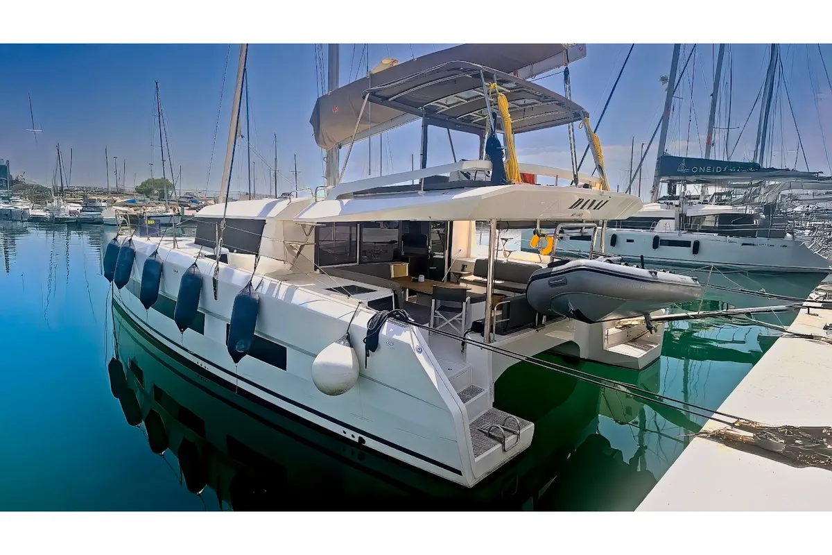 Exterior view of Duplo II, a Dufour Catamaran 48 catamaran at Tourlos, Greece