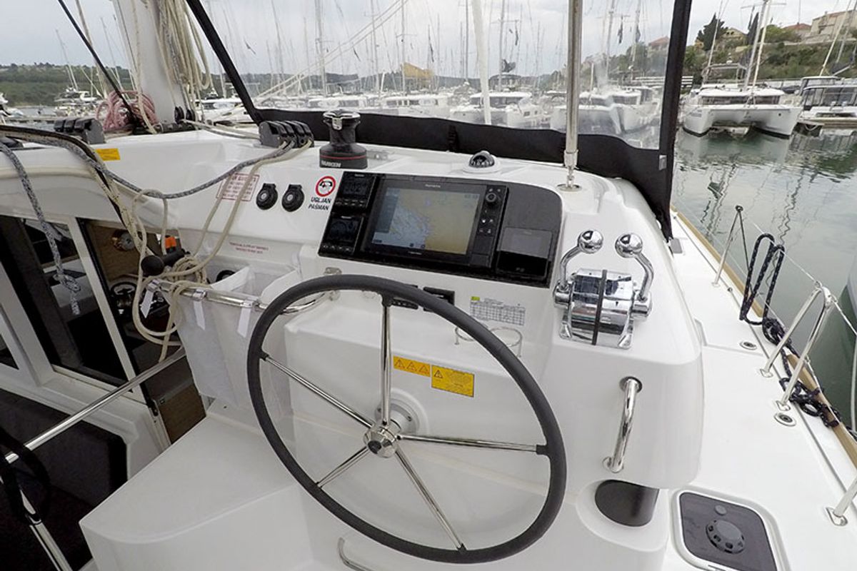 Cockpit of Duplo II, a Lagoon 40 catamaran at Grad Šibenik, Croatia