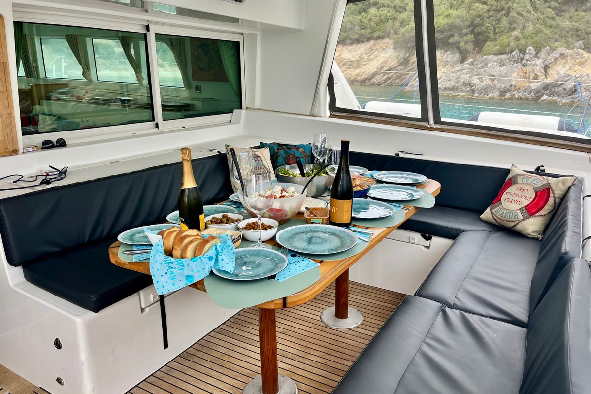 Salon of Infinity, a Lagoon 500 catamaran at Municipal Unit of Palairos, Greece