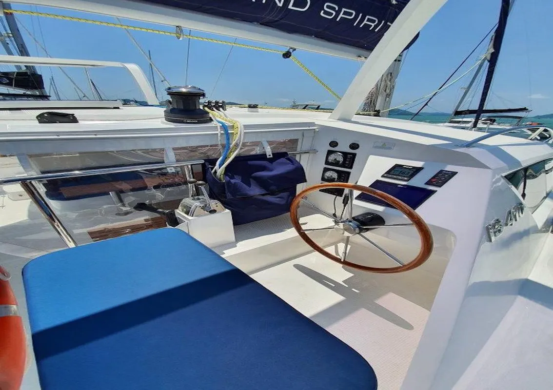Cockpit of Fortunate Sun, a Island Spirit Yachts Island Spirit 410 catamaran at Mai Khao, Thailand