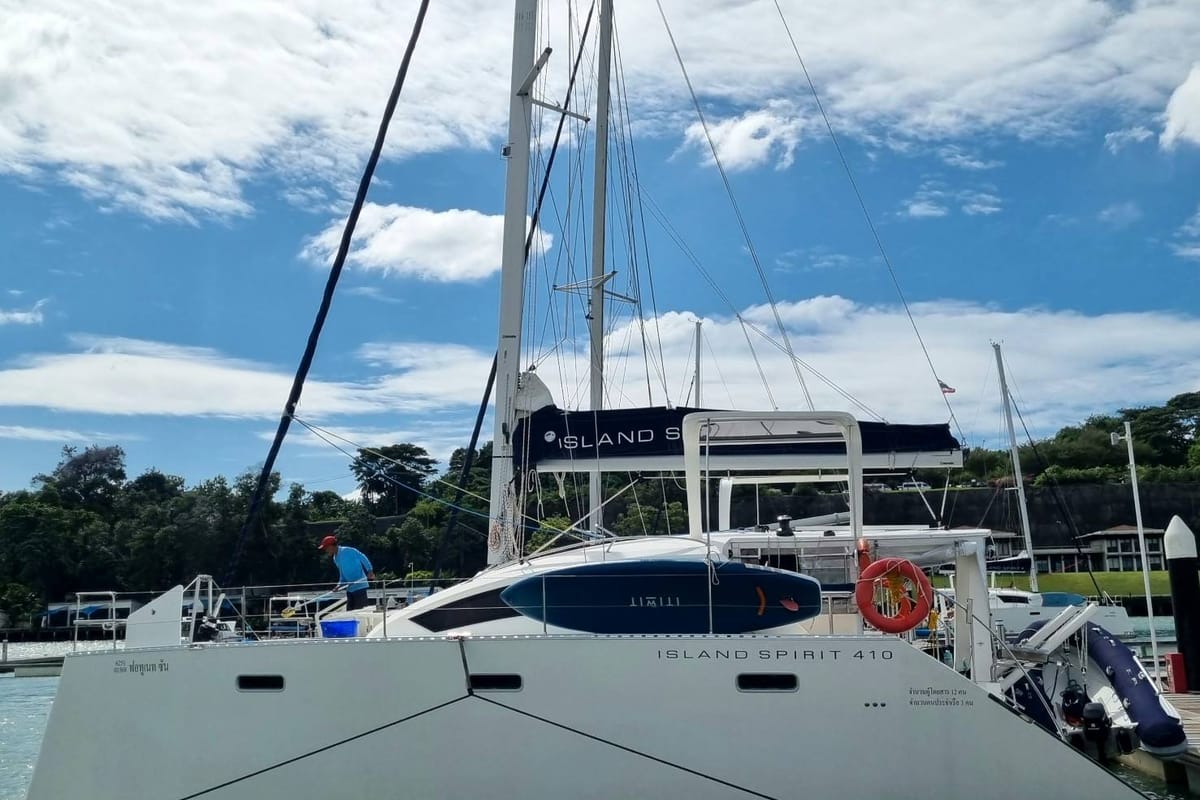 Exterior view of Fortunate Sun, a Island Spirit Yachts Island Spirit 410 catamaran at Mai Khao, Thailand