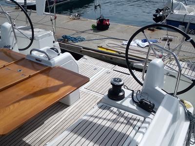 Cockpit of Tavascan, a Jeanneau Sun Odyssey 440 sailboat at Palamós, Spain