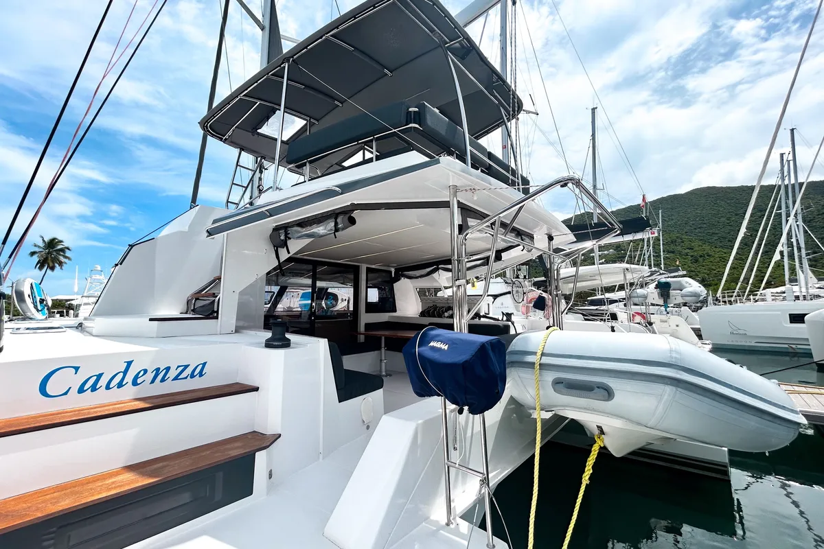 Deck of Cadenza, a Nautitech Rochefort Nautitech 46 Fly catamaran at Road Town, British Virgin Islands