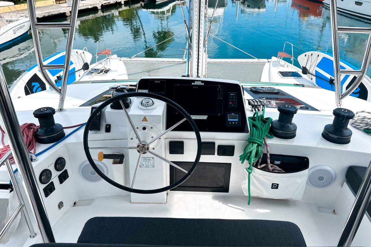 Cockpit of Cadenza, a Nautitech Rochefort Nautitech 46 Fly catamaran at Road Town, British Virgin Islands