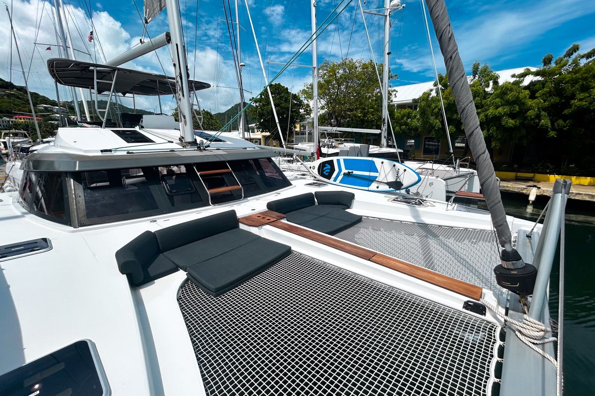 Deck of Cadenza, a Nautitech Rochefort Nautitech 46 Fly catamaran at Road Town, British Virgin Islands