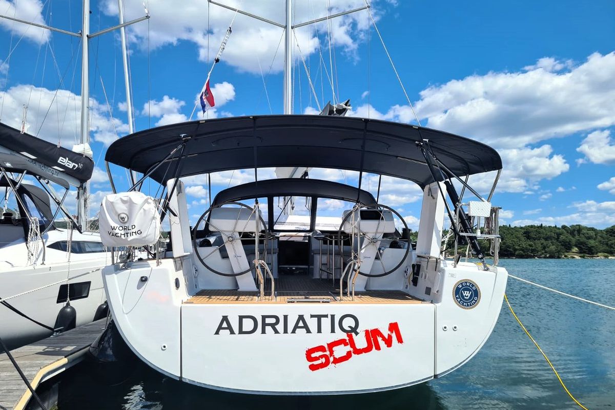 Exterior view of Adriatiq Scum, a Hanse Yachts Hanse 508 sailboat at Grad Šibenik, Croatia