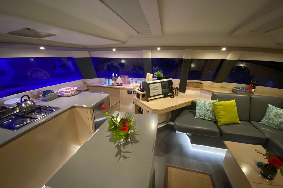 Galley of Nowhere, a Fountaine Pajot Saba 50 Quintet catamaran at Belize City, Belize