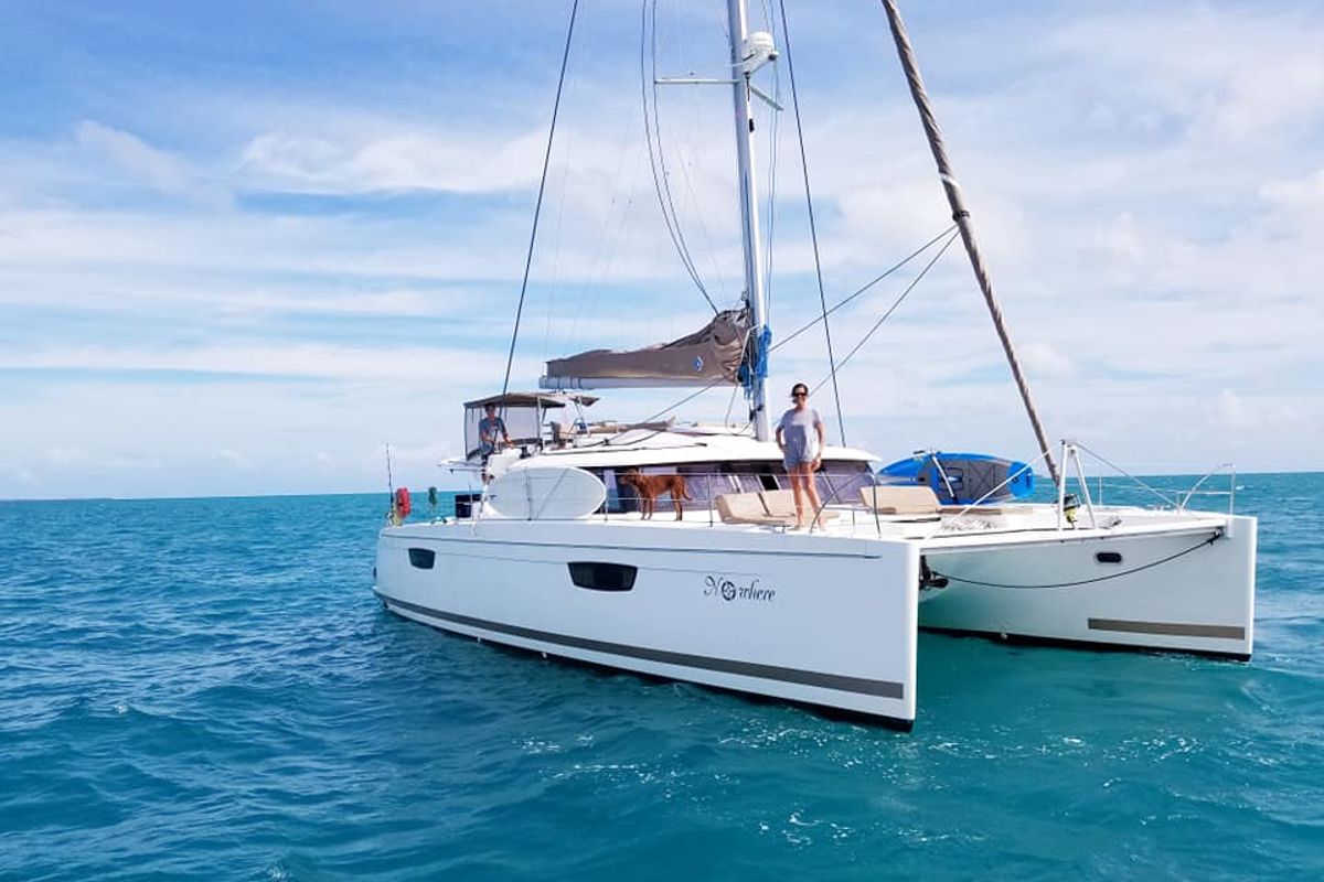 Exterior view of Nowhere, a Fountaine Pajot Saba 50 Quintet catamaran at Belize City, Belize