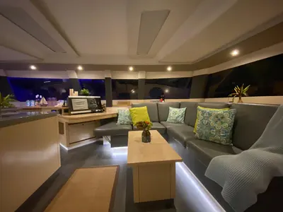 Salon of Nowhere, a Fountaine Pajot Saba 50 Quintet catamaran at Belize City, Belize