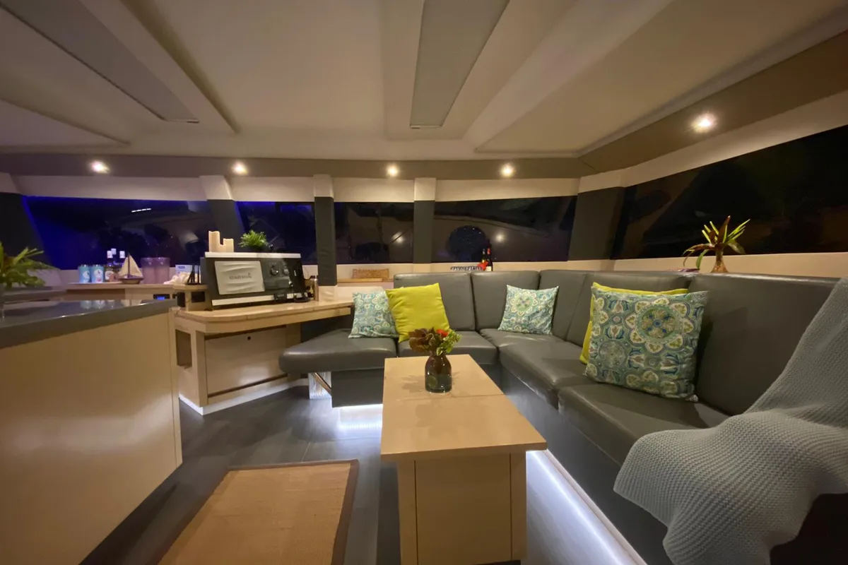 Salon of Nowhere, a Fountaine Pajot Saba 50 Quintet catamaran at Belize City, Belize
