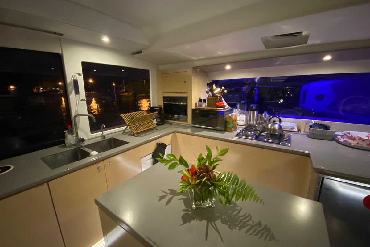 Galley of Nowhere, a Fountaine Pajot Saba 50 Quintet catamaran at Belize City, Belize
