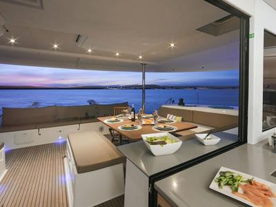 Deck of Nowhere, a Fountaine Pajot Saba 50 Quintet catamaran at Belize City, Belize