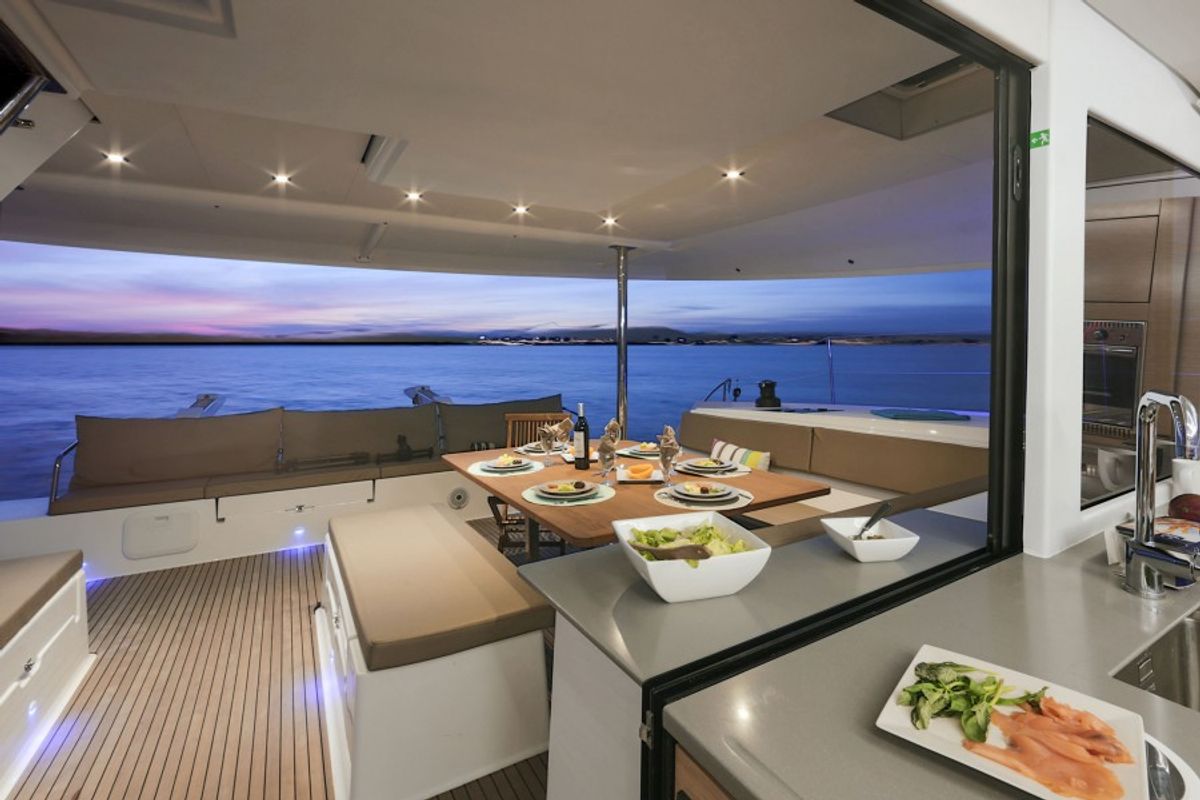 Deck of Nowhere, a Fountaine Pajot Saba 50 Quintet catamaran at Belize City, Belize
