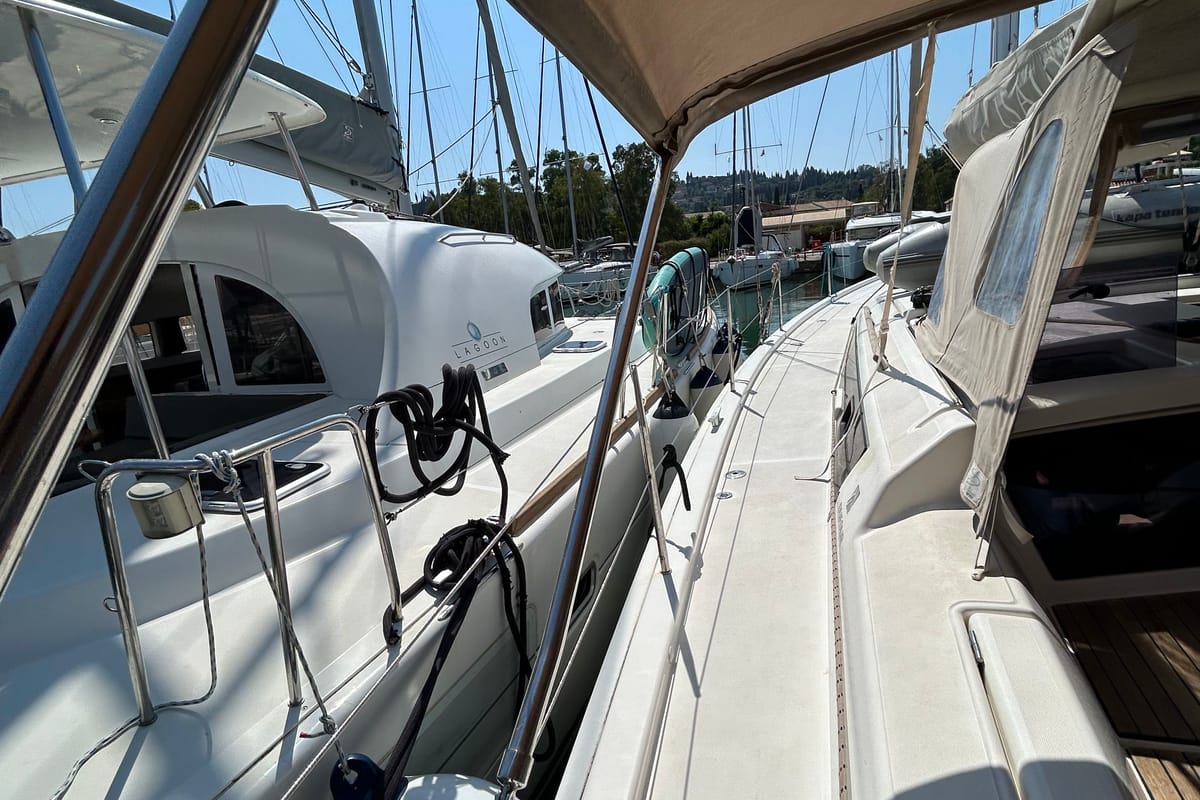 Deck of Echo I, a Dufour 430 GL sailboat at Kontokali, Greece
