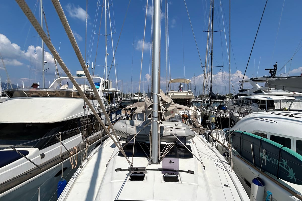 Exterior view of Echo I, a Dufour 430 GL sailboat at Kontokali, Greece