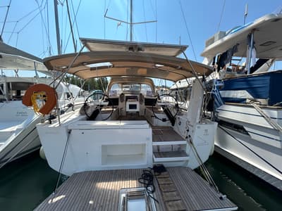 Cockpit of Echo I, a Dufour 430 GL sailboat at Kontokali, Greece
