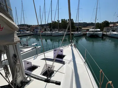Deck of Echo I, a Dufour 430 GL sailboat at Kontokali, Greece