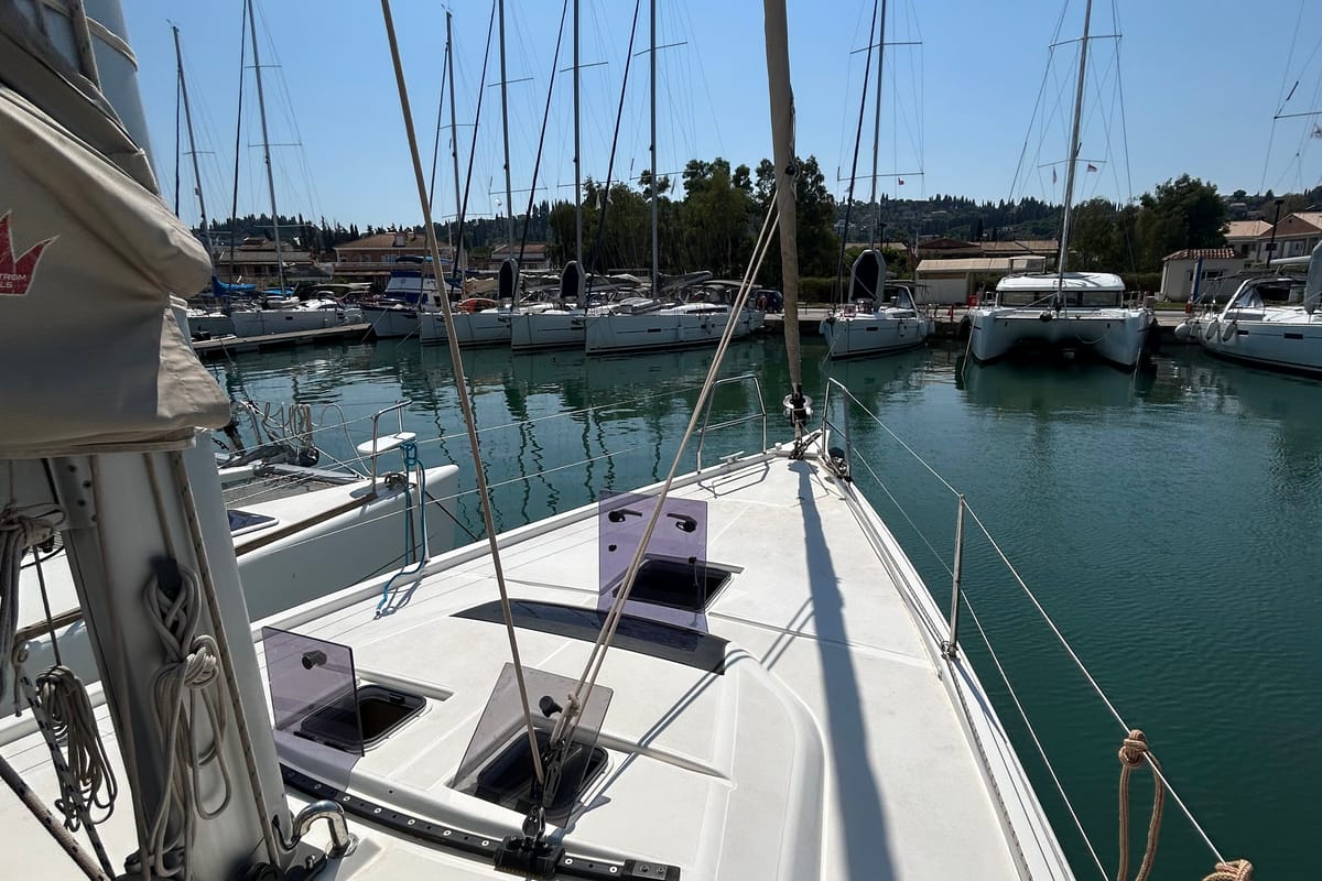 Deck of Echo I, a Dufour 430 GL sailboat at Kontokali, Greece