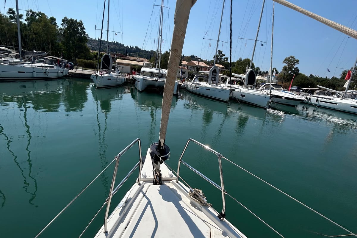 Exterior view of Echo I, a Dufour 430 GL sailboat at Kontokali, Greece