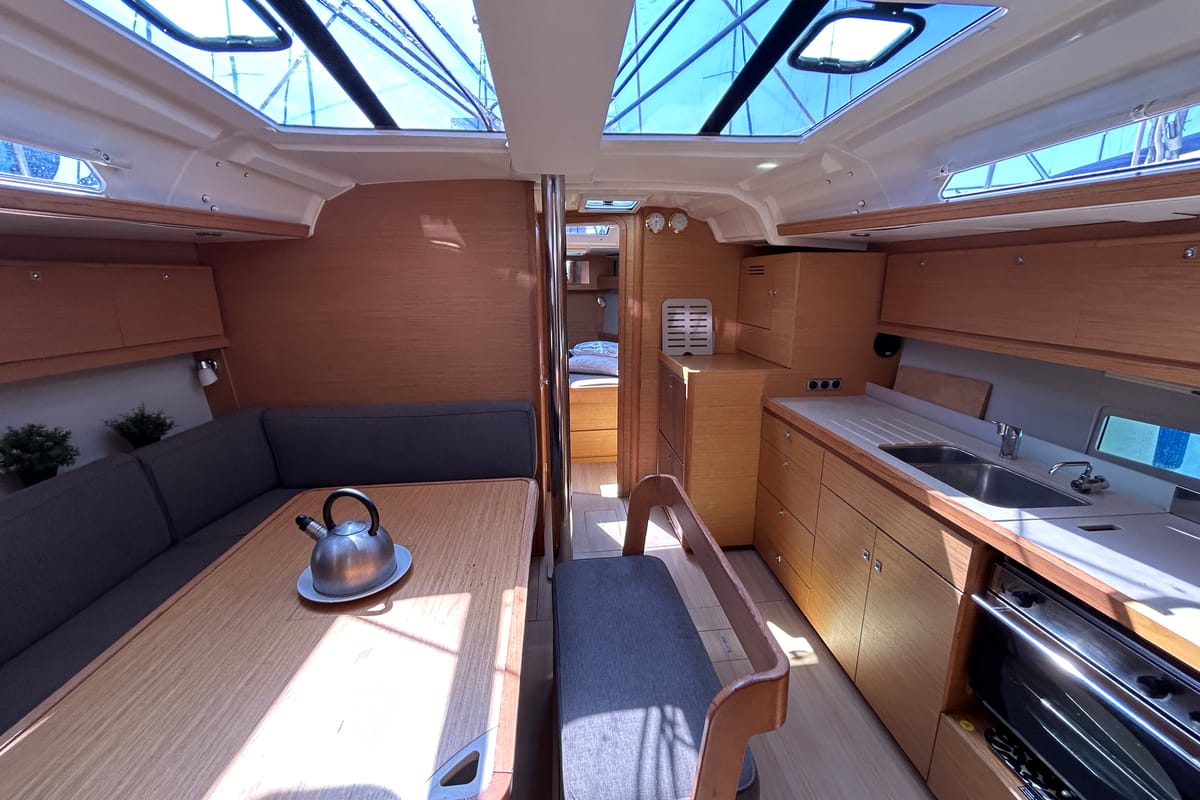 Salon of Echo I, a Dufour 430 GL sailboat at Kontokali, Greece