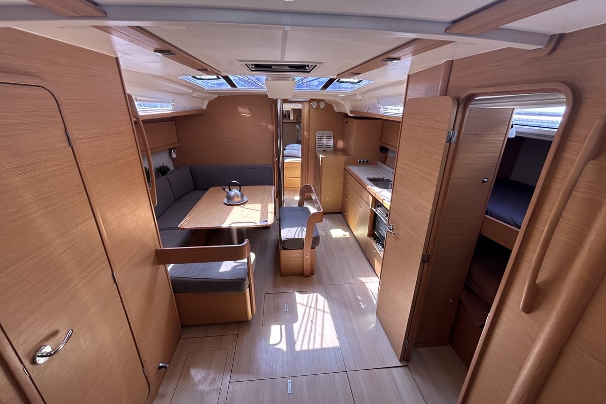 Salon of Echo I, a Dufour 430 GL sailboat at Kontokali, Greece