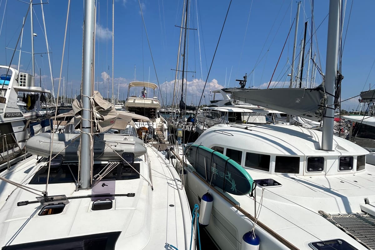 Deck of Echo I, a Dufour 430 GL sailboat at Kontokali, Greece