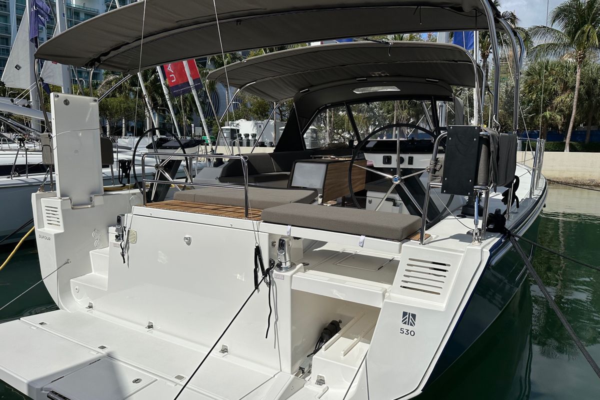 Exterior view of Dream Big, a Dufour 530 sailboat at Road Town, British Virgin Islands