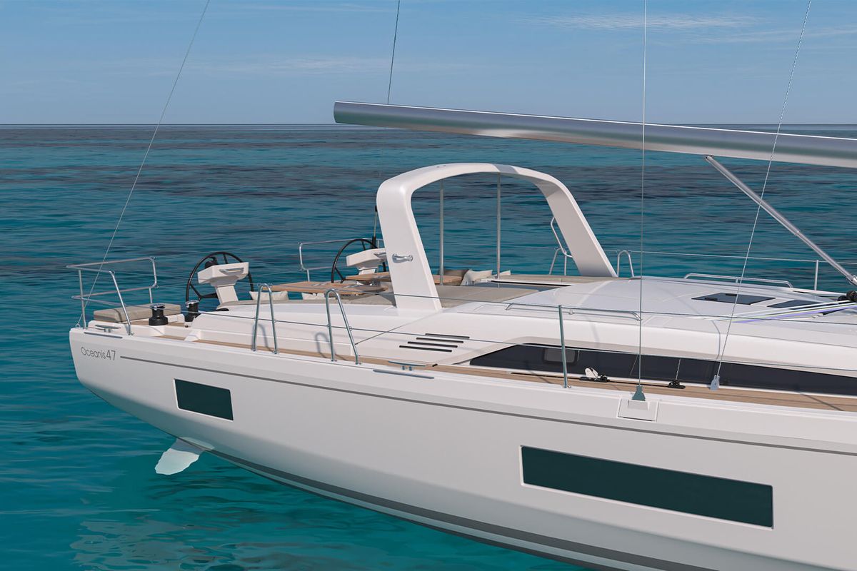 Exterior view of Aura, a Beneteau Oceanis 47 sailboat at Athens, Greece