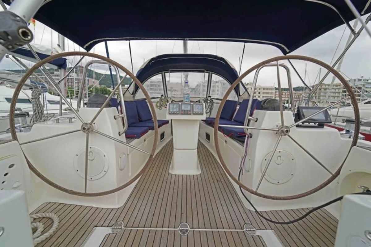 Cockpit of Ariadni, a Bavaria 40 Cruiser sailboat at Preveza, Greece